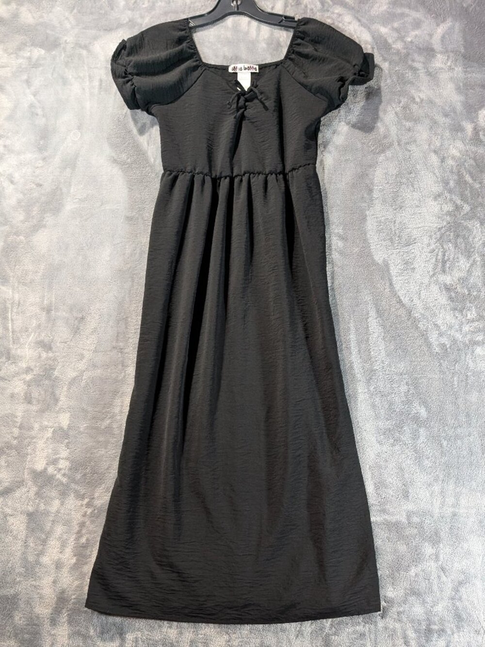 Black Crinkle Crepe Puff Sleeve Tie Front Midi Dress Girls 12 - Ellie Belle